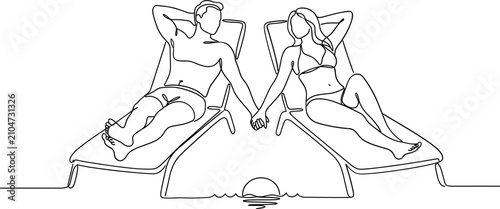 Obraz na płótnie Continuous line drawing of a romantic couple relaxing on beach loungers at sunset