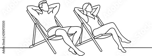 Fotografía Continuous line drawing of a man and woman relaxing in beach chairs