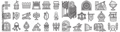 Medieval Icons Line Art Set Featuring Castle Architecture, Heraldry, Weapons and Antique Objects