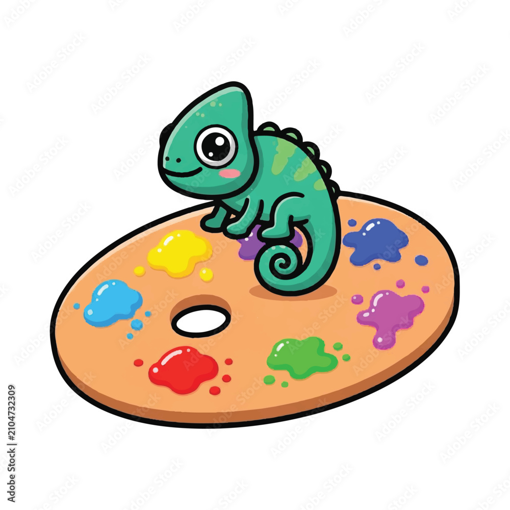 Obraz premium Colorful chameleon on paint palette closeup.