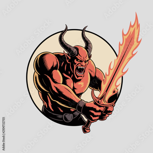 Obraz na plátne Muscular devil with flaming sword.