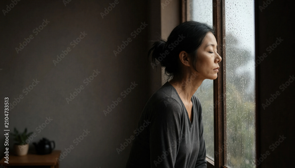 Fototapeta premium Woman contemplating by sunlit window in moody indoor portrait