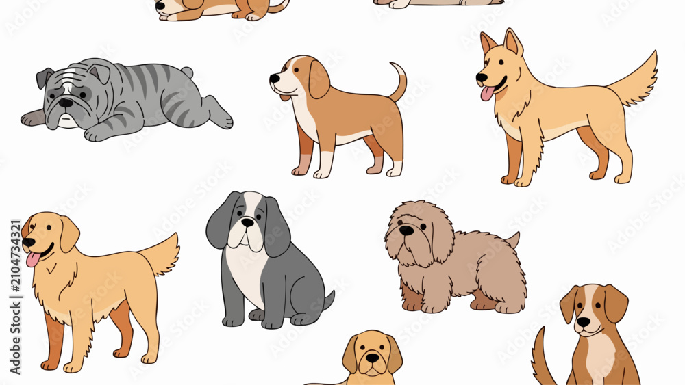 Obraz premium Collection of various cute cartoon dog breeds.