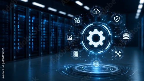 Obraz na płótnie IT infrastructure system configuration gear icon hologram in modern data center server room visualizing cloud computing automation network security