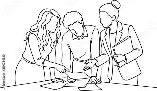 Continuous line drawing of a diverse professional team collaborating on business documents.