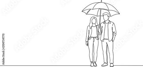 Continuous one line drawing of a young couple standing under an umbrella.