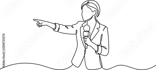 Tableau sur toile Continuous one line drawing of a female news reporter holding a microphone