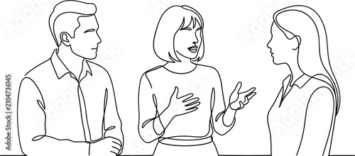Foto Continuous line art illustration of a diverse group of three people engaged in a professional conversation