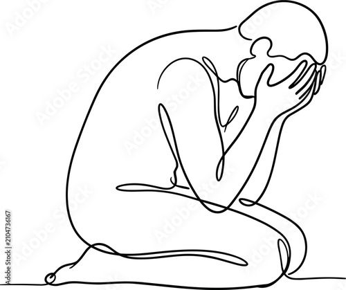 Schilderij op canvas Continuous line drawing of a man kneeling in despair.
