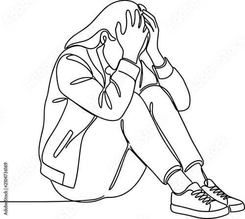 Cuadro en lienzo Continuous one line drawing of a depressed woman sitting with her head in her hands