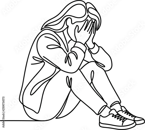 Bild auf Leinwand Continuous line drawing of a depressed woman sitting on the floor