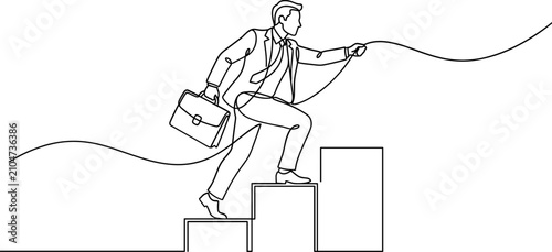 Fotografie Continuous line drawing of a businessman climbing stairs with a briefcase