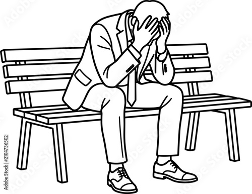 Fotografía Stressed businessman sitting on a bench in a black and white line art style