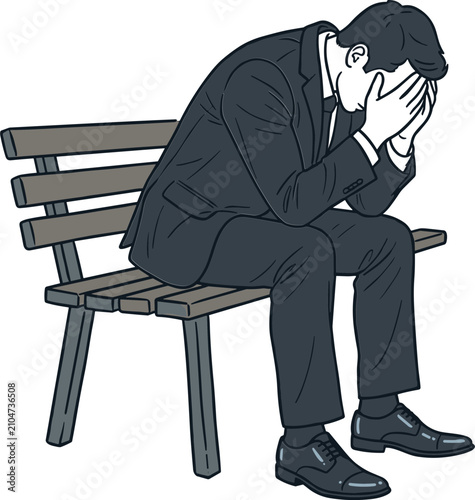Schilderij op canvas Stressed businessman sitting on a bench with head in hands.