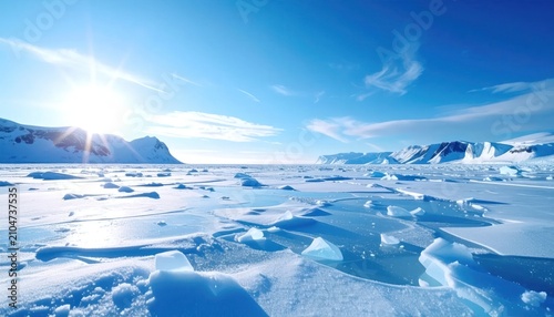 Sunny day over cracked ice sheets in arctic region.
