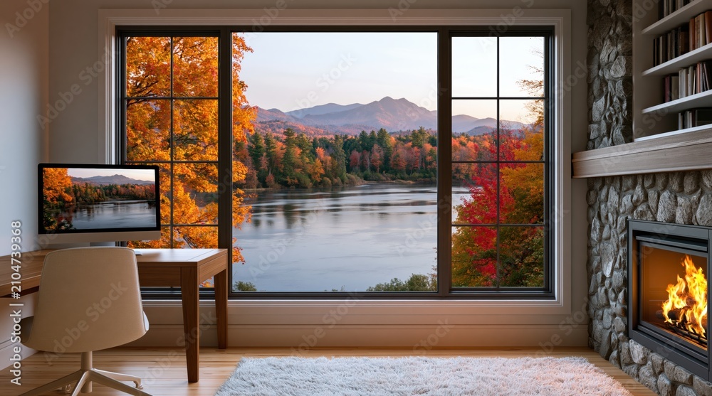 Obraz premium Office workspace with cozy fireplace overlooking scenic autumn mountain lake view