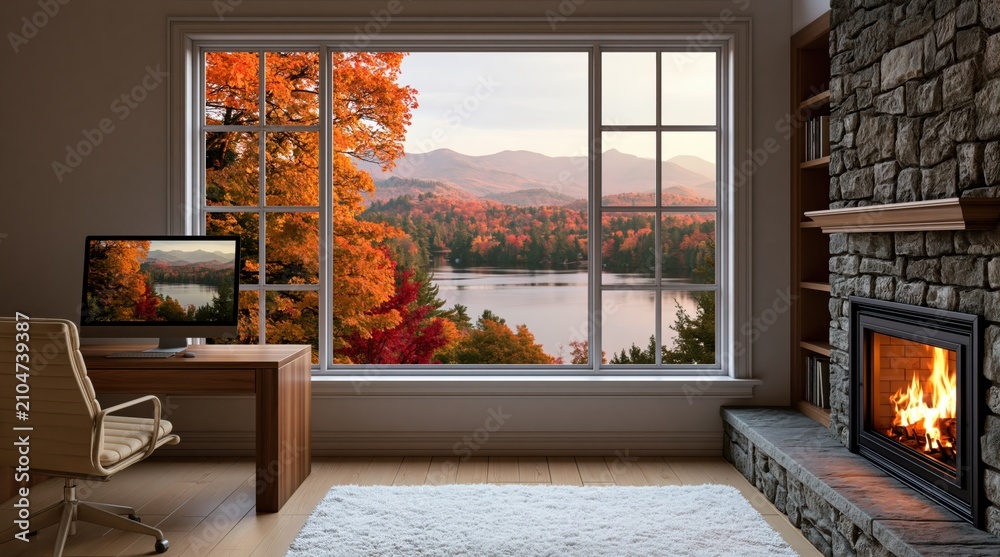 Obraz premium Office home workspace with a stone fireplace and scenic lake view in autumn fall