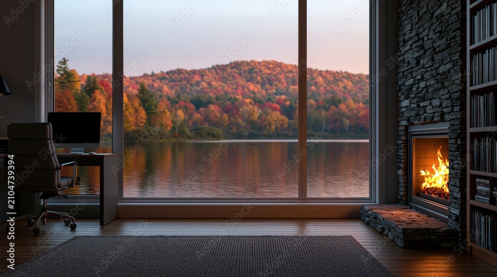 Obraz premium Office home workspace with cozy fireplace and autumn lake view from the window