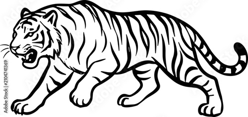 фотографія Black and white line art illustration of a prowling tiger.