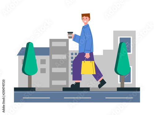 A man walking in a city while carrying a shopping bag and a coffee cup. City life illustrations. Flat vector concepts.