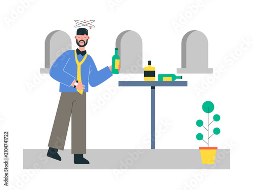 A man drinks alcohol alone after work. City life illustrations. Flat vector concepts.