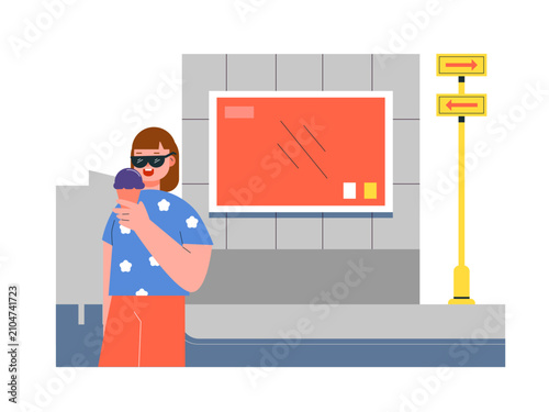 A woman wearing sunglasses eating a purple ice cream cone. City life illustrations. Flat vector concepts.