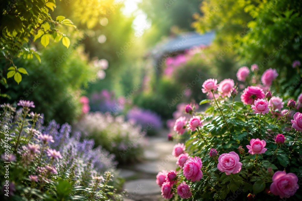 Obraz premium A beautiful garden filled with lush green foliage and colorful flowers in a dreamy summer atmosphere.