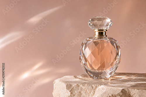 Faceted crystal perfume bottle in warm elegant light