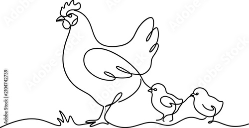 Tableau sur toile Continuous one line drawing of a mother hen and her two cute chicks