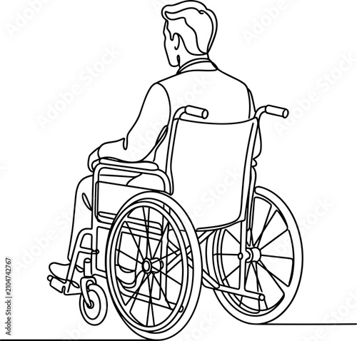 Continuous line drawing of a man sitting in a wheelchair.
