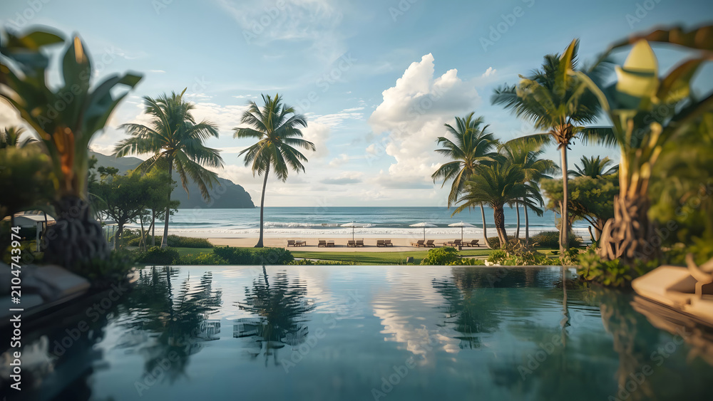 Fototapeta premium Luxury tropical resort infinity pool overlooking serene beach and ocean
