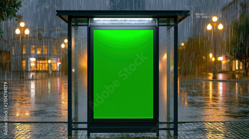 Bus stop advertising green screen mockup vertical in rainy city night with wet pavement and glowing street light