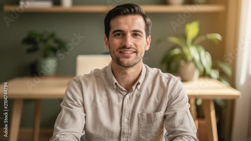 Smiling young man in casual shirt sitting at desk with plants in bright modern home office
