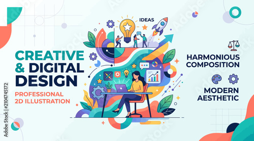 A vibrant digital illustration depicting creative work and modern design concepts