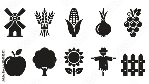 Foto Set of ten black farm and agriculture icons featuring crops fruits and country l