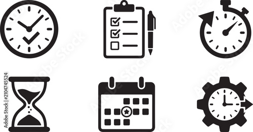 Flat icons set of time management and productivity tools Vector