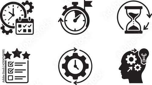 Six black and white time management and productivity icons Vector