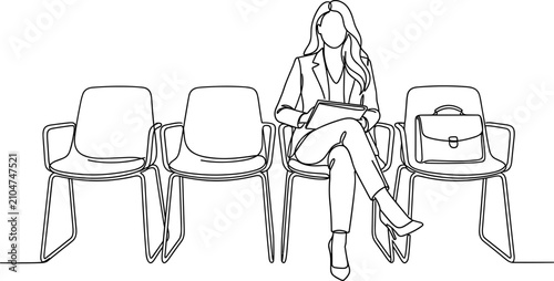 Continuous line drawing of a woman waiting for a job interview.