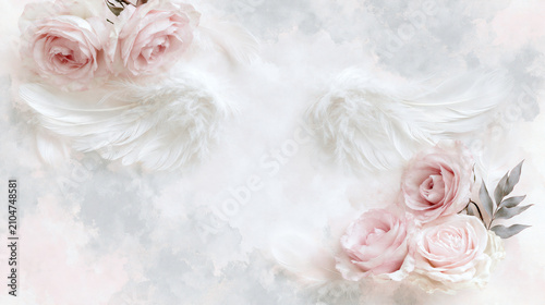 Wedding invitation background white feather and blush rose floral frame with soft cloud texture and elegant airy mood