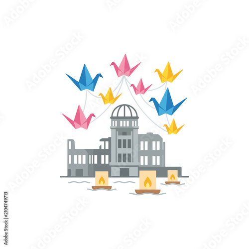 Cuadro en lienzo Peace memorial building with colorful origami cranes and floating lanterns illus