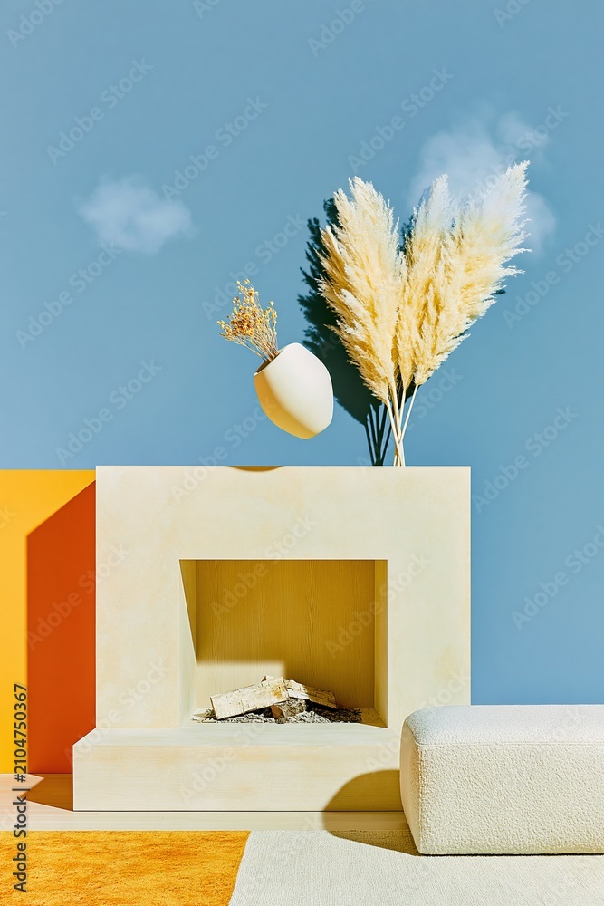 Obraz premium White ceramic vessel levitating above a modern fireplace with dried pampas grass for a surreal interior design and home styling concept