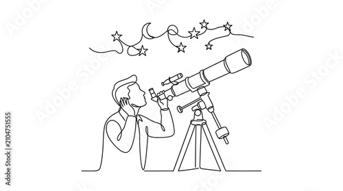 Tableau sur toile Continuous line drawing of a man observing stars with a telescope