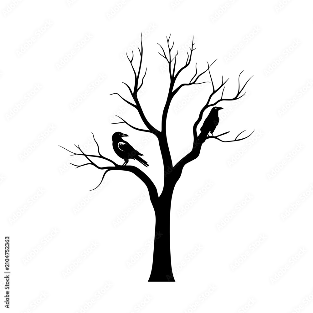 Fototapeta premium Silhouette of Bare Tree with Two Crows, Halloween Spooky Tree Vector with Transparent Background