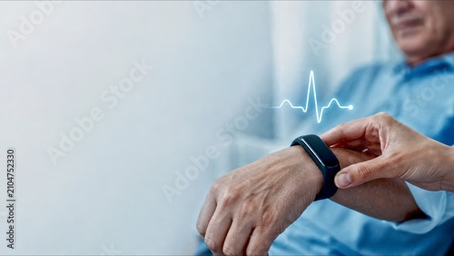 Elderly man wrist health monitor business care pulse hospital patient touch screen technology