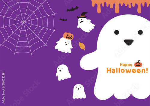 Cute Halloween background with ghost, spider web, bats and copy space