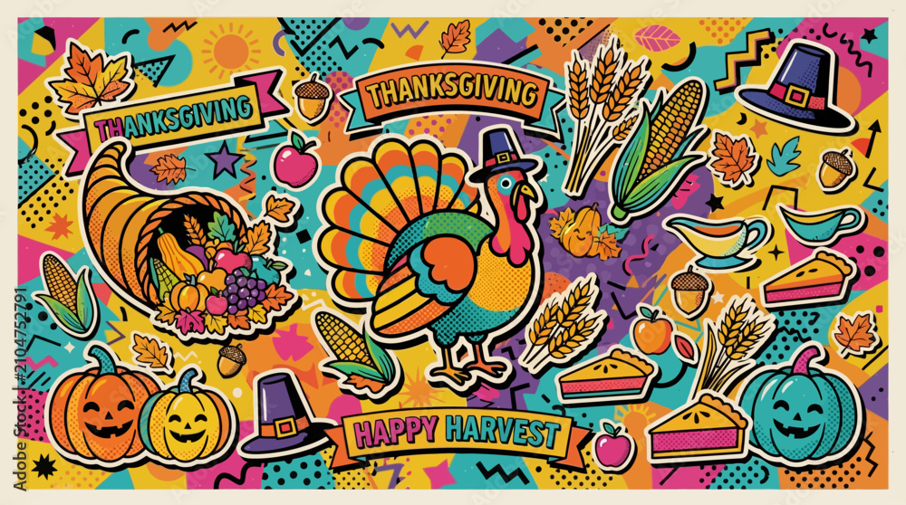 Fototapeta premium Joyful and Colorful Thanksgiving and Autumn Harvest Festival Graphic Elements Collection, Perfect for Holiday Season Designs