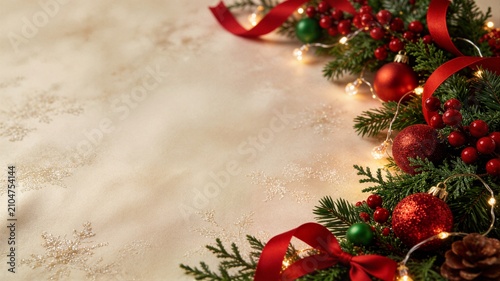 Holiday Garland with Red Ornaments Berries and Warm Lights on Textured Beige Background for Christmas Tabletop and Banner Use