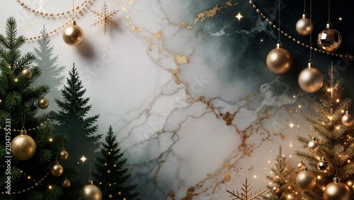 Elegant luxury Christmas background with golden ornaments on marble surface ideal for premium brand holiday marketing website banner and product display