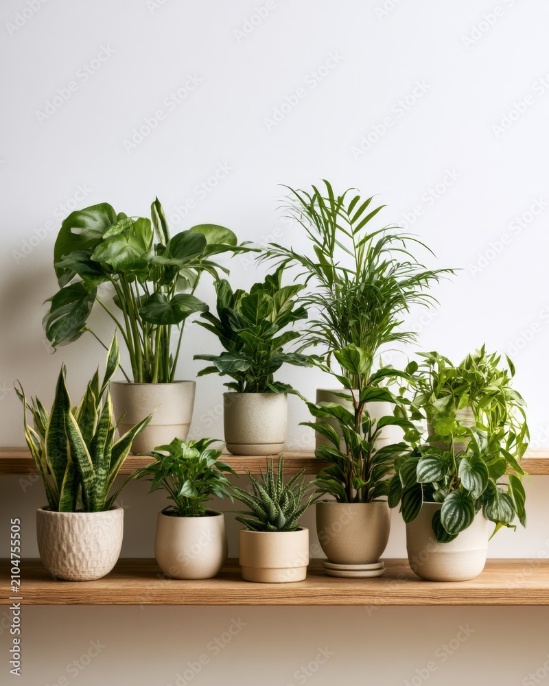 Fototapeta premium Wooden shelf displaying a collection of potted houseplants