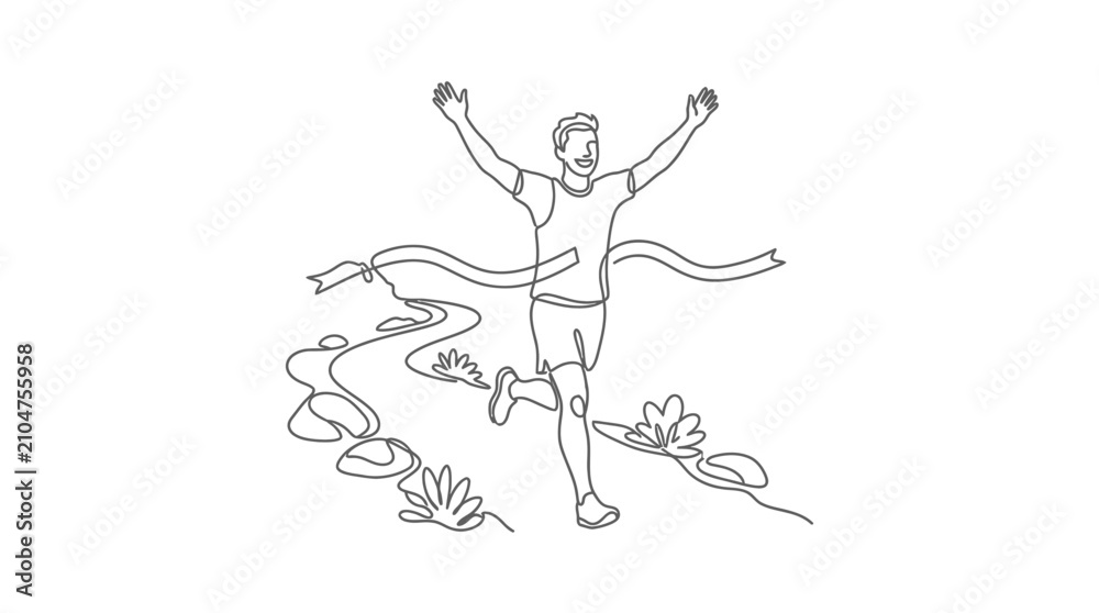 Fototapeta premium Continuous line drawing of a marathon runner crossing the finish line.